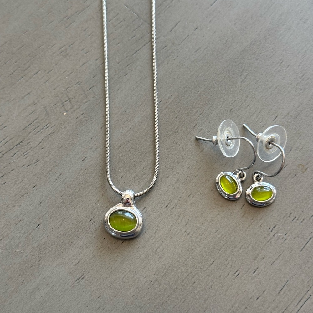 Lia Sophia Elegant Silver Necklace and Earring Set with Green Accents
